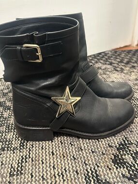Red Valentino Black Leather Star Buckle Ankle Boots size 39